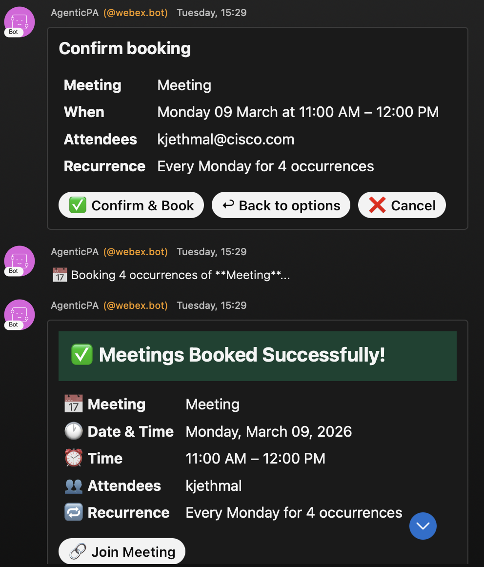 Successful meeting booking confirmation in Webex