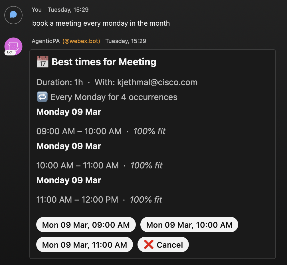 Webex bot showing available meeting time options